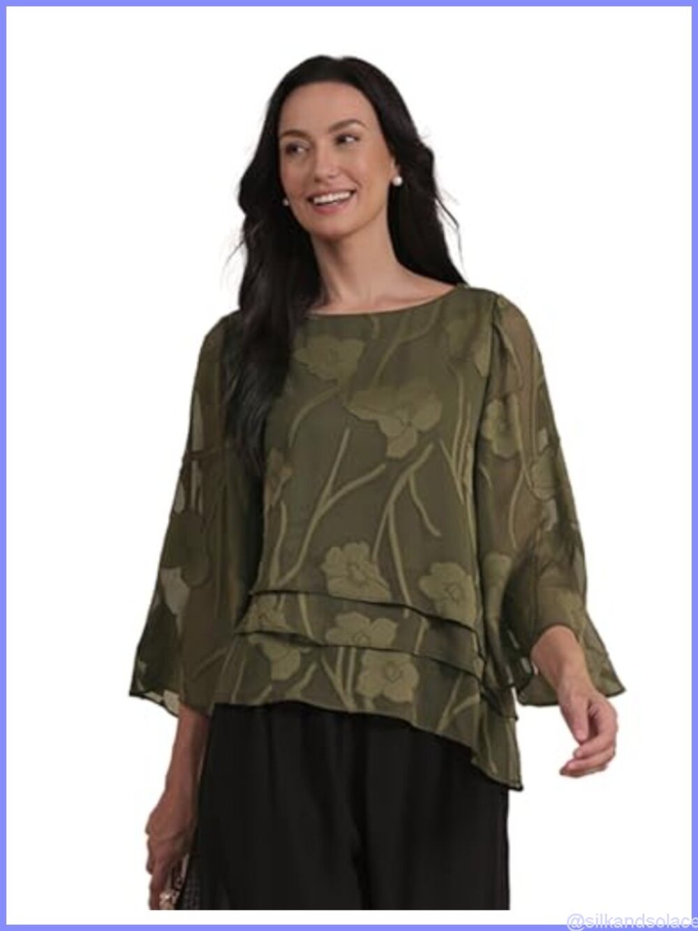 Women's Floral Chiffon Blouse 3/4 Sleeve Lace Top Business Casual Dressy